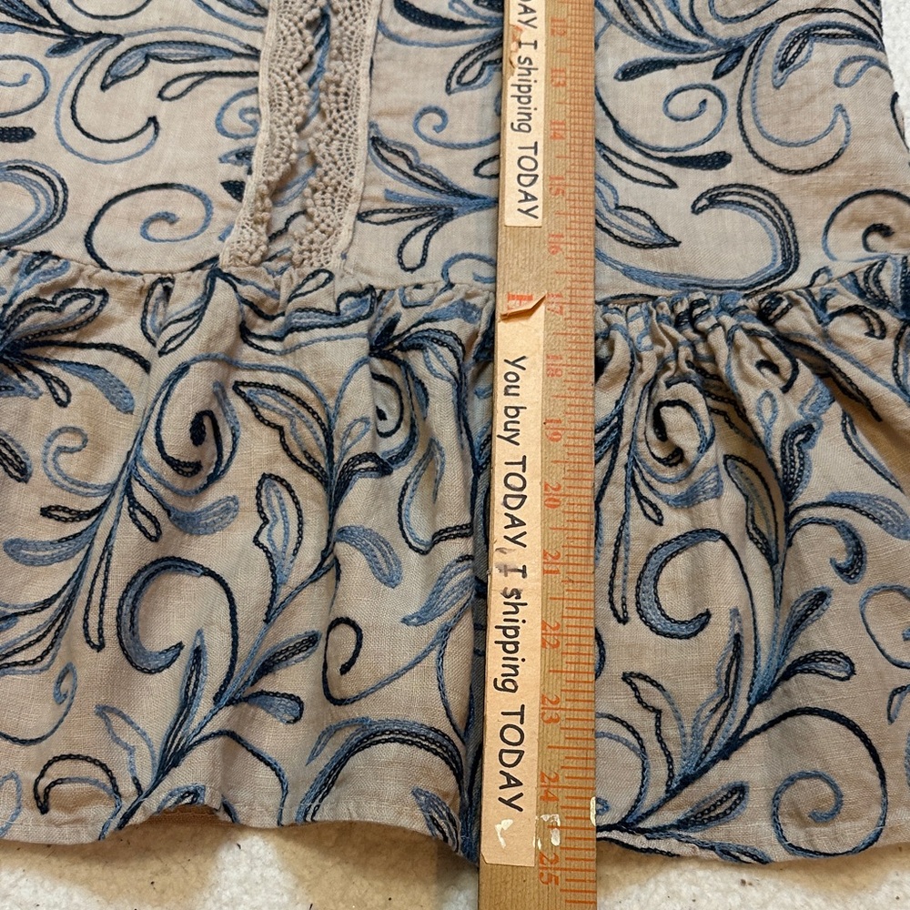 Viola Borghi 100% Linen Scroll Print Peplum Tunic Tan Blue Women’s XL - Picture 4 of 9